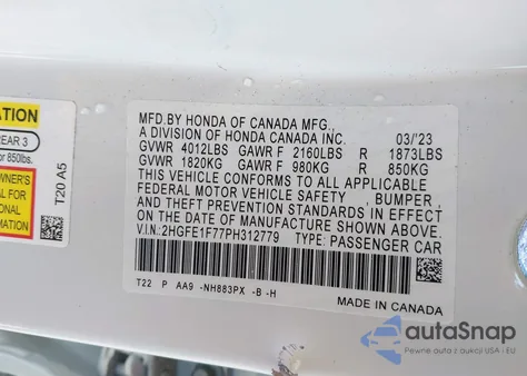 2023 Honda Civic Ex/Ex W/O Bsi из США, поврежденный, VIN 2HGFE1F77PH312779